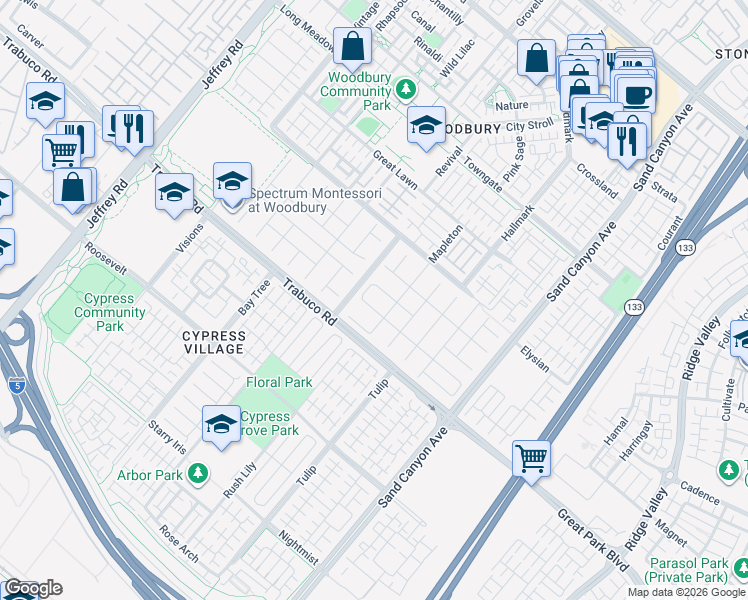 map of restaurants, bars, coffee shops, grocery stores, and more near 29 Royal Grove in Irvine