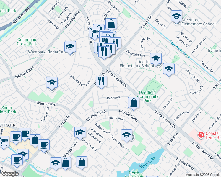 map of restaurants, bars, coffee shops, grocery stores, and more near 29 Morning Dove in Irvine