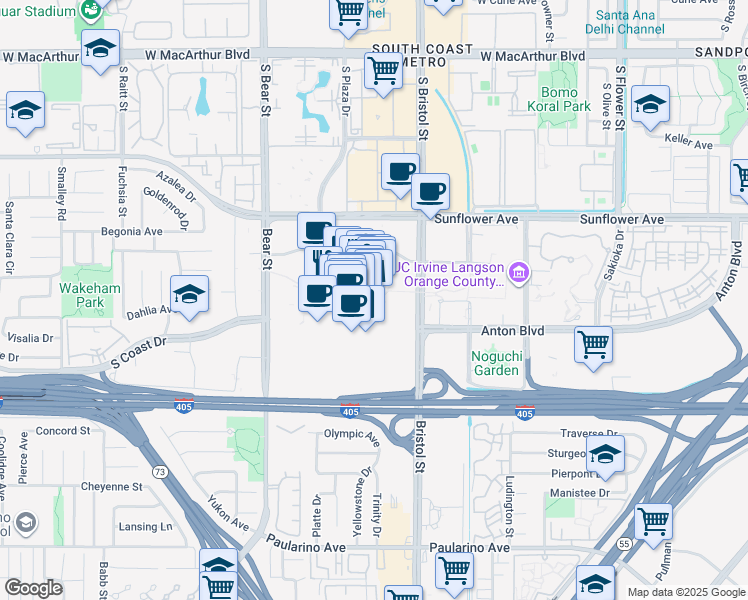 map of restaurants, bars, coffee shops, grocery stores, and more near 3333 Bristol Street in Costa Mesa