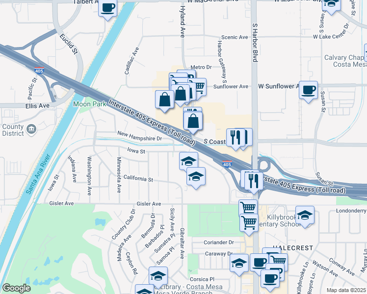 map of restaurants, bars, coffee shops, grocery stores, and more near 1682C Iowa Street in Costa Mesa