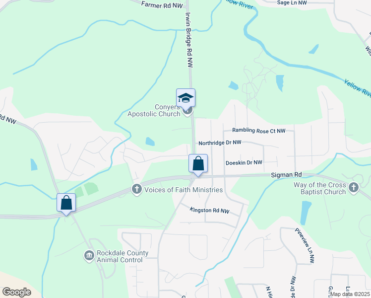 map of restaurants, bars, coffee shops, grocery stores, and more near 2056 Wildflower Way Northwest in Conyers