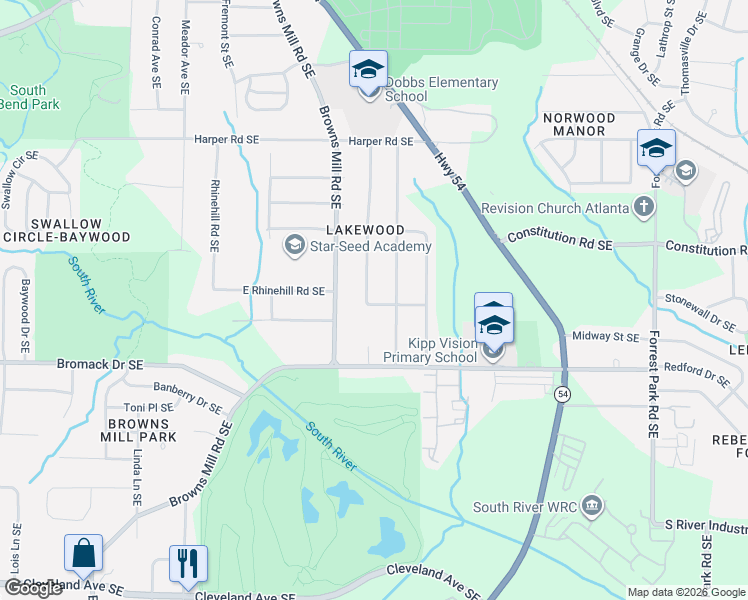 map of restaurants, bars, coffee shops, grocery stores, and more near 2294 Jernigan Drive Southeast in Atlanta