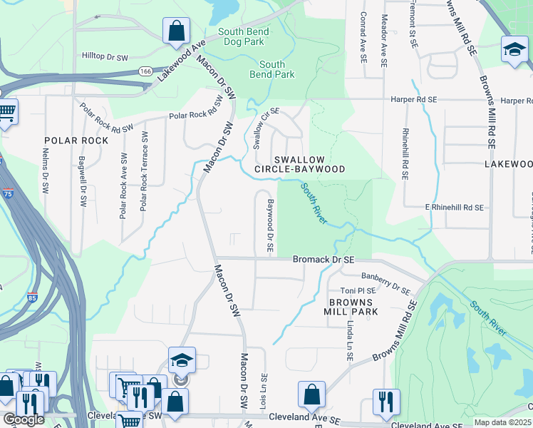 map of restaurants, bars, coffee shops, grocery stores, and more near 2326 Baywood Drive Southeast in Atlanta
