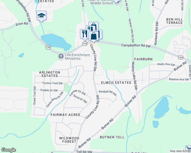 map of restaurants, bars, coffee shops, grocery stores, and more near 2334 County Line Road Southwest in Atlanta