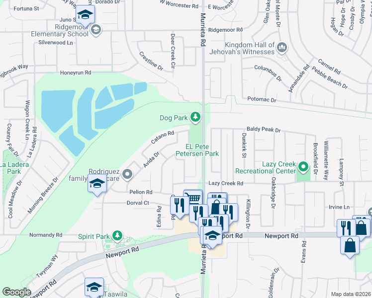map of restaurants, bars, coffee shops, grocery stores, and more near 29629 Park City Avenue in Menifee