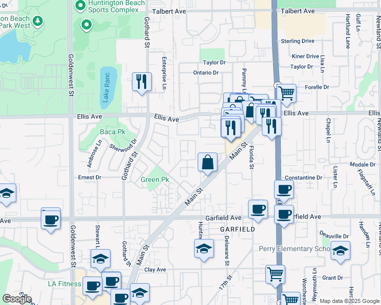 map of restaurants, bars, coffee shops, grocery stores, and more near 18642 Park Glen Lane in Huntington Beach