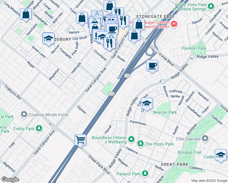 map of restaurants, bars, coffee shops, grocery stores, and more near 30 Crosspointe in Irvine