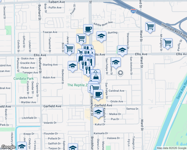 map of restaurants, bars, coffee shops, grocery stores, and more near 18700 Brookhurst Street in Fountain Valley