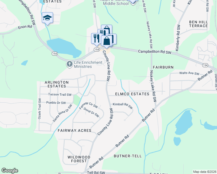 map of restaurants, bars, coffee shops, grocery stores, and more near 2334 County Line Road Southwest in Atlanta