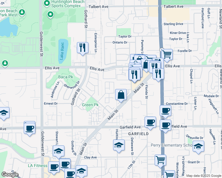 map of restaurants, bars, coffee shops, grocery stores, and more near 18642 Park Glen Lane in Huntington Beach