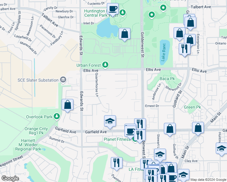 map of restaurants, bars, coffee shops, grocery stores, and more near 6752 Derby Circle in Huntington Beach