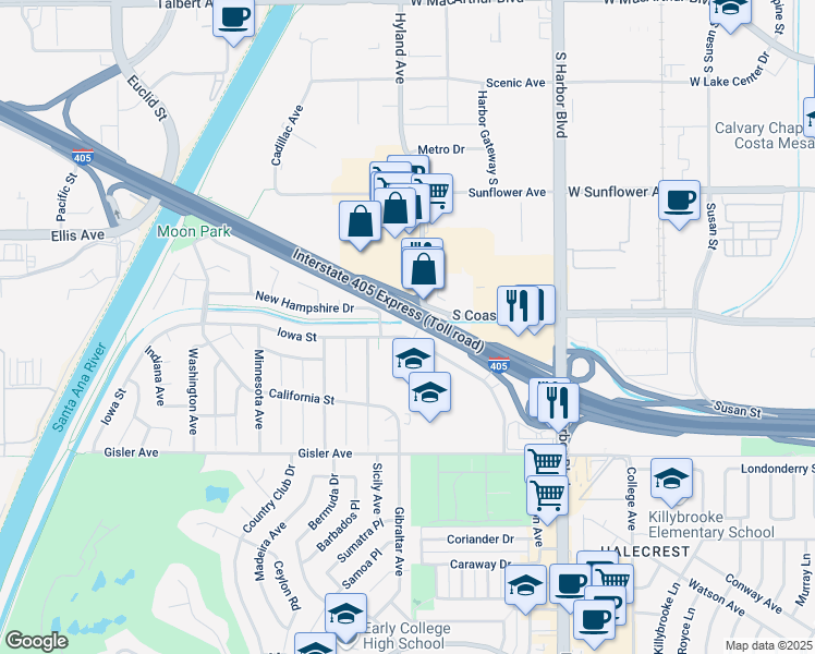 map of restaurants, bars, coffee shops, grocery stores, and more near 1682C Iowa Street in Costa Mesa