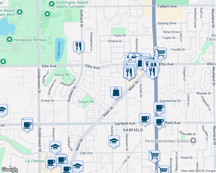 map of restaurants, bars, coffee shops, grocery stores, and more near 18641 Park Meadow Lane in Huntington Beach