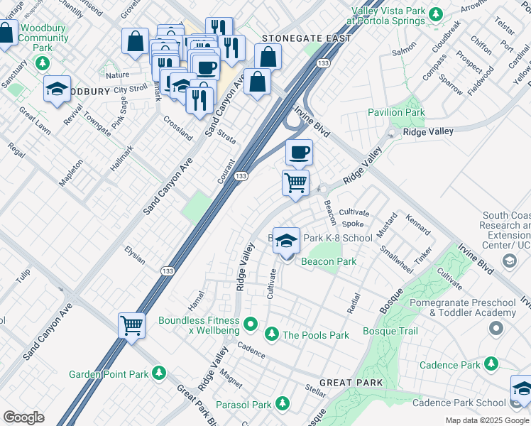 map of restaurants, bars, coffee shops, grocery stores, and more near 252 Novel in Irvine