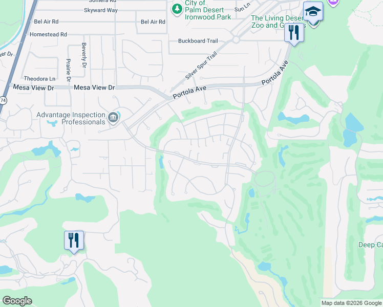 map of restaurants, bars, coffee shops, grocery stores, and more near 73422 Irontree Drive in Palm Desert