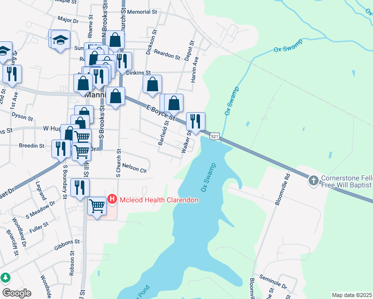 map of restaurants, bars, coffee shops, grocery stores, and more near 45 Walker Street in Manning