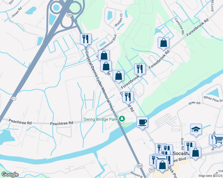map of restaurants, bars, coffee shops, grocery stores, and more near 4220 Hopewell Road in Myrtle Beach