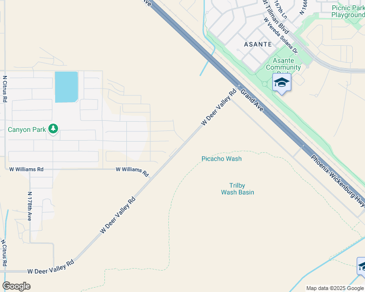 map of restaurants, bars, coffee shops, grocery stores, and more near 17260 West Deer Valley Road in Surprise