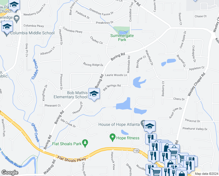 map of restaurants, bars, coffee shops, grocery stores, and more near 3663 Big Springs Road in Decatur