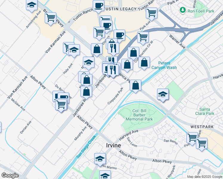 map of restaurants, bars, coffee shops, grocery stores, and more near 43 Corporate Park in Irvine