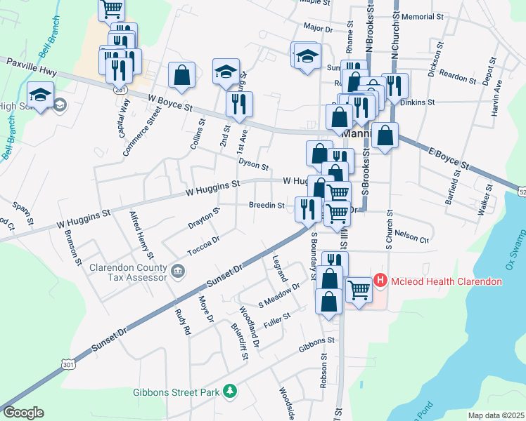 map of restaurants, bars, coffee shops, grocery stores, and more near 206 Breedin Street in Manning