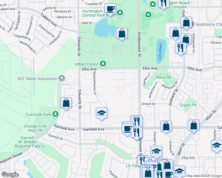 map of restaurants, bars, coffee shops, grocery stores, and more near 6752 Derby Circle in Huntington Beach