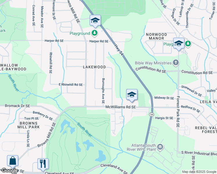 map of restaurants, bars, coffee shops, grocery stores, and more near 2368 Jernigan Place Southeast in Atlanta