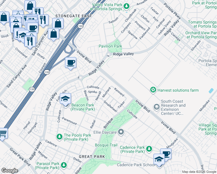 map of restaurants, bars, coffee shops, grocery stores, and more near 129 Kennard in Irvine