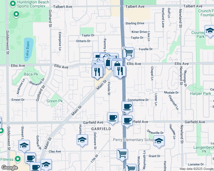 map of restaurants, bars, coffee shops, grocery stores, and more near 18561 Florida Street in Huntington Beach