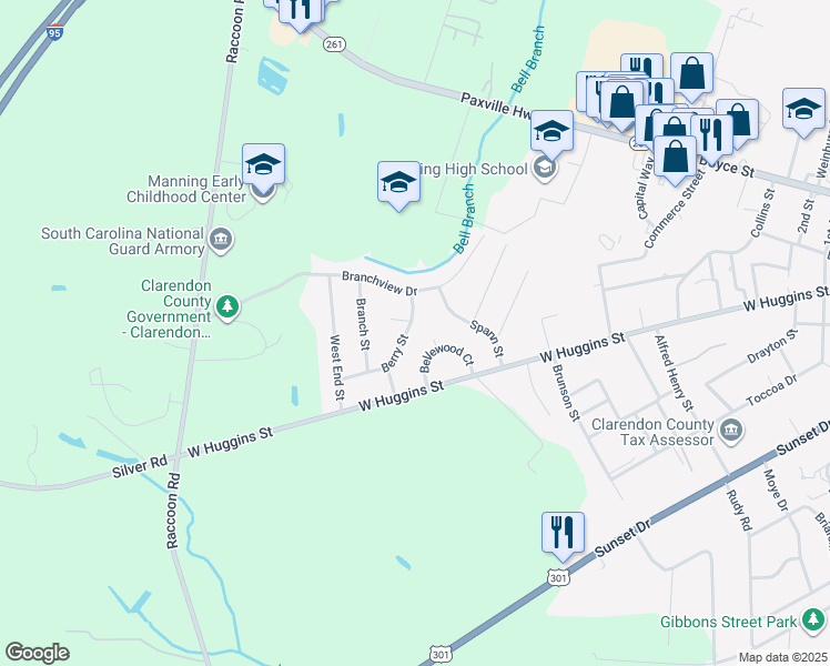 map of restaurants, bars, coffee shops, grocery stores, and more near 915 Berry Street in Manning