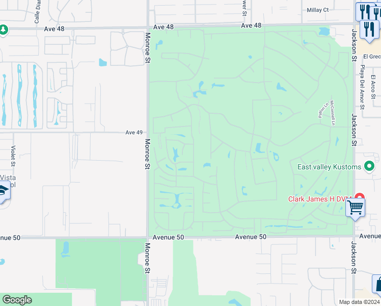 map of restaurants, bars, coffee shops, grocery stores, and more near 49181 Eisenhower Drive in Indio