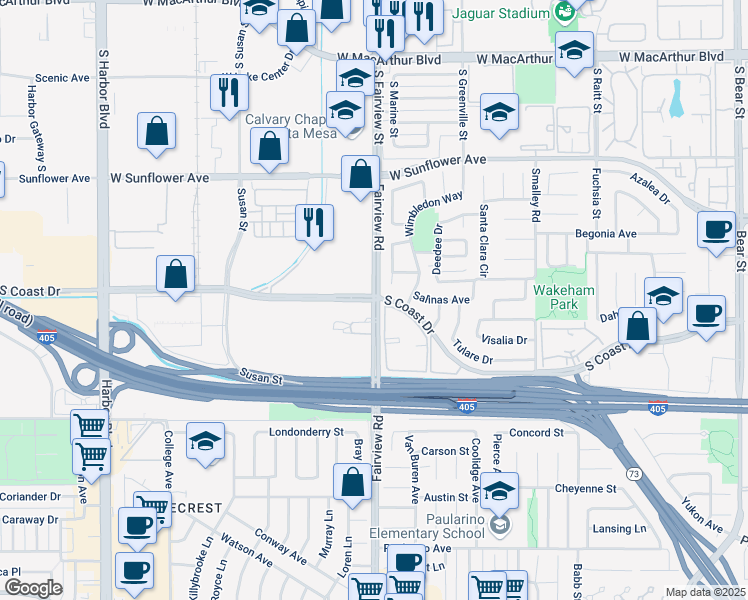 map of restaurants, bars, coffee shops, grocery stores, and more near Fairview Rd & S Coast Dr in Costa Mesa