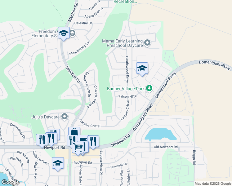 map of restaurants, bars, coffee shops, grocery stores, and more near 29714 Castlewood Drive in Menifee