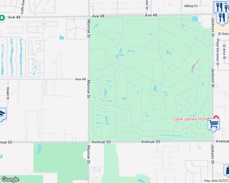 map of restaurants, bars, coffee shops, grocery stores, and more near 49225 Eisenhower Drive in Indio