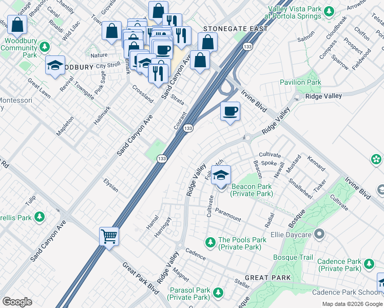 map of restaurants, bars, coffee shops, grocery stores, and more near 227 Novel in Irvine