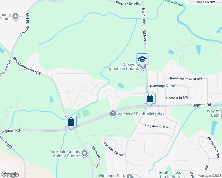 map of restaurants, bars, coffee shops, grocery stores, and more near 1599 Larkspur Trail in Conyers