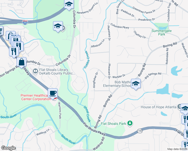 map of restaurants, bars, coffee shops, grocery stores, and more near 3178 Kingfisher Drive in Decatur