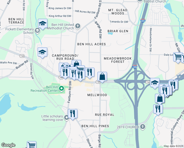 map of restaurants, bars, coffee shops, grocery stores, and more near 3689 Campbellton Road Southwest in Atlanta
