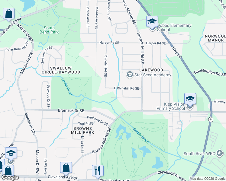 map of restaurants, bars, coffee shops, grocery stores, and more near 341 E Rhinehill Rd SE in Atlanta