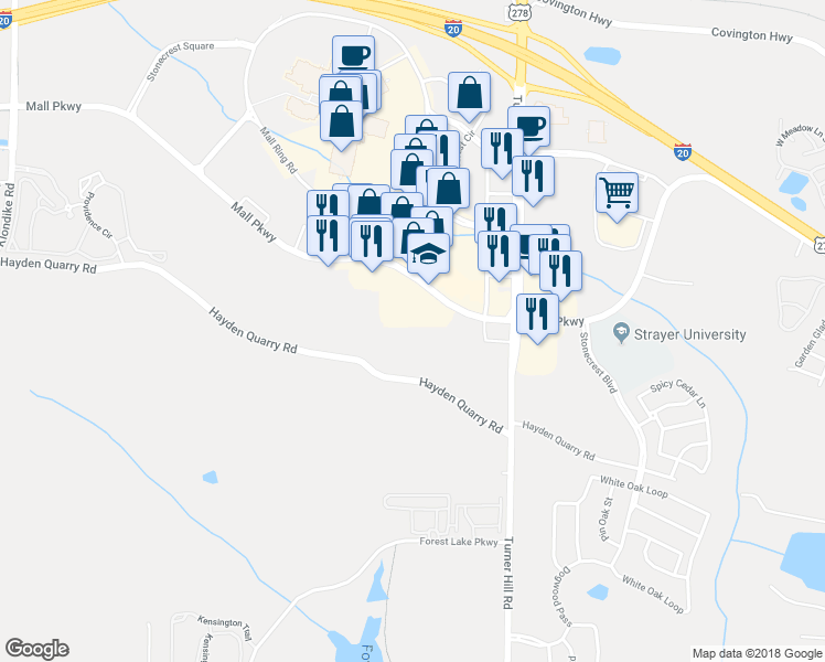 map of restaurants, bars, coffee shops, grocery stores, and more near 8109 Mall Parkway in Lithonia