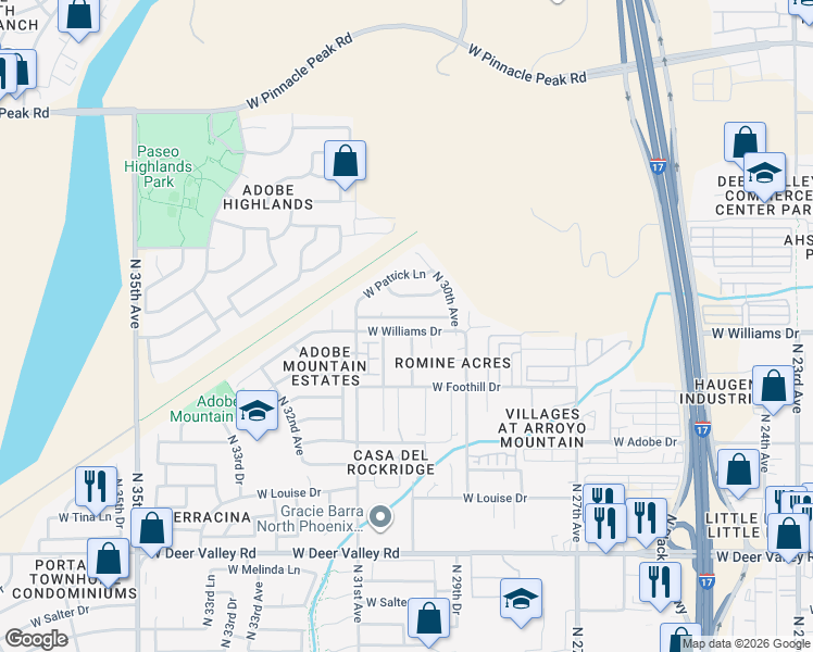 map of restaurants, bars, coffee shops, grocery stores, and more near 3371 West Via Del Sol Drive in Phoenix