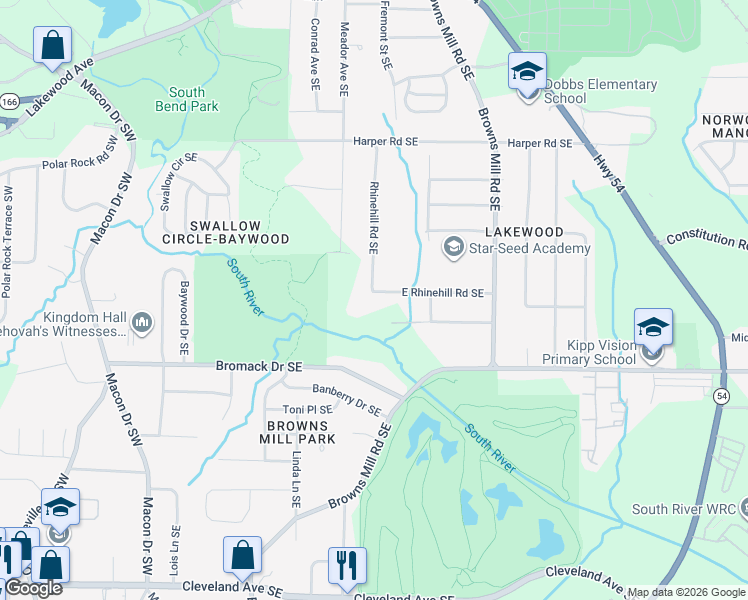 map of restaurants, bars, coffee shops, grocery stores, and more near 2275 Rhinehill Road Southeast in Atlanta