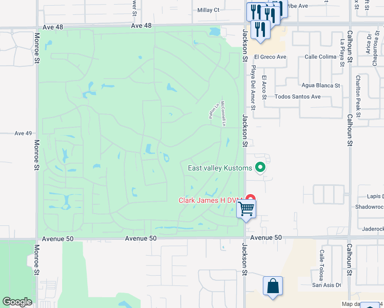 map of restaurants, bars, coffee shops, grocery stores, and more near 82732 Burnette Drive in Indio