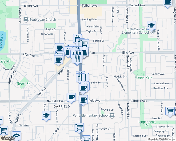 map of restaurants, bars, coffee shops, grocery stores, and more near 8091 Graziadio Drive in Huntington Beach
