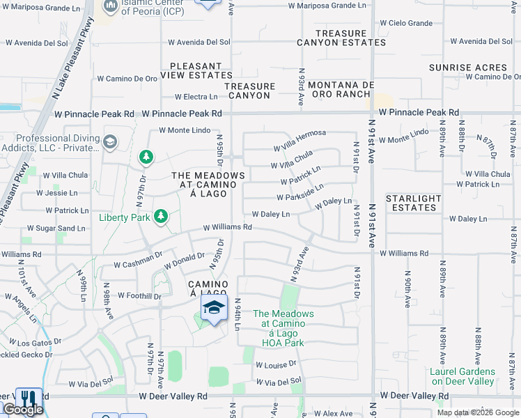 map of restaurants, bars, coffee shops, grocery stores, and more near 9399 West Parkside Lane in Peoria