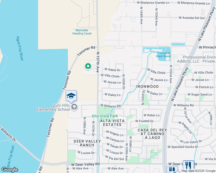 map of restaurants, bars, coffee shops, grocery stores, and more near 10618 West Patrick Lane in Peoria
