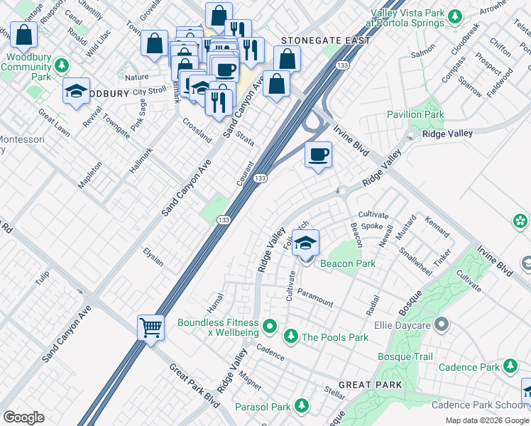 map of restaurants, bars, coffee shops, grocery stores, and more near 234 Novel in Irvine