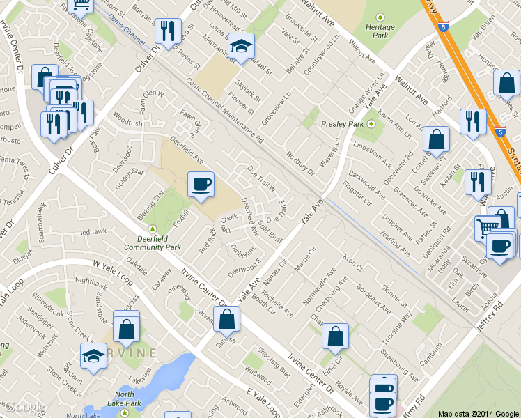 map of restaurants, bars, coffee shops, grocery stores, and more near 34 Snapdragon in Irvine