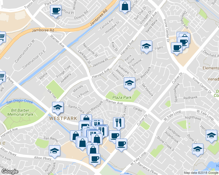 map of restaurants, bars, coffee shops, grocery stores, and more near 45 Calavera in Irvine