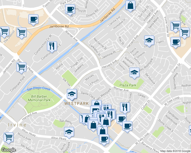map of restaurants, bars, coffee shops, grocery stores, and more near 26 Le Vanto in Irvine